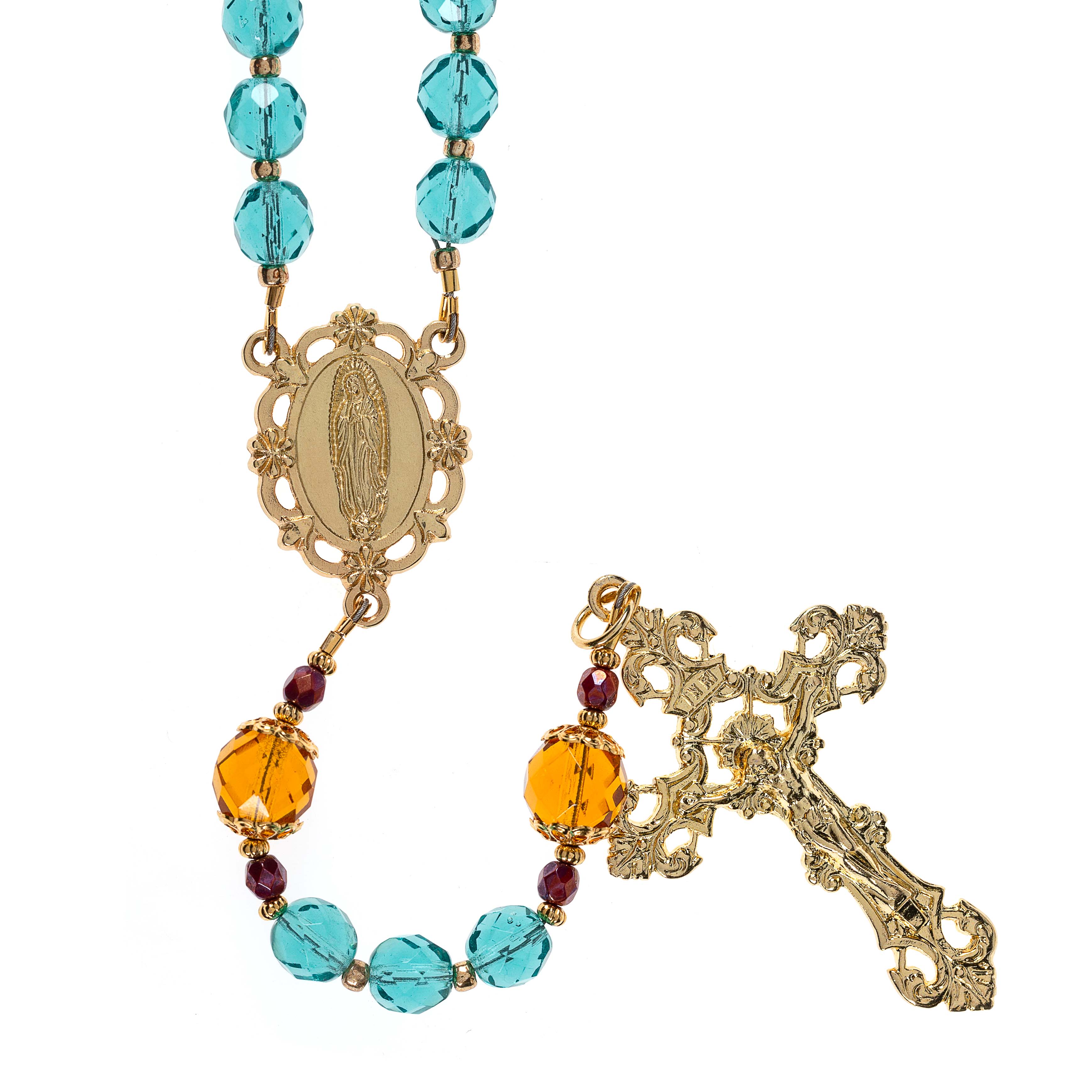 Turquoise Fire Polished Crystal Our Lady of Guadalupe Rosary - Image 3