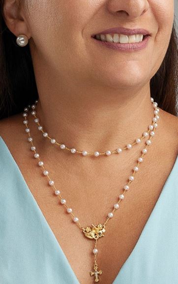 Two Hearts Double Strand Pearl & Rhinestone Necklace - Image 2