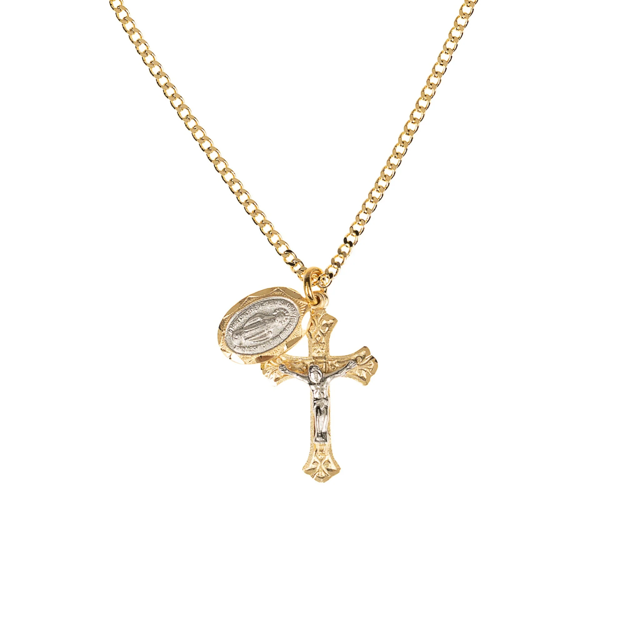 Two-Tone Gold/Sterling Miraculous Medal & Crucifix Necklace - Image 2
