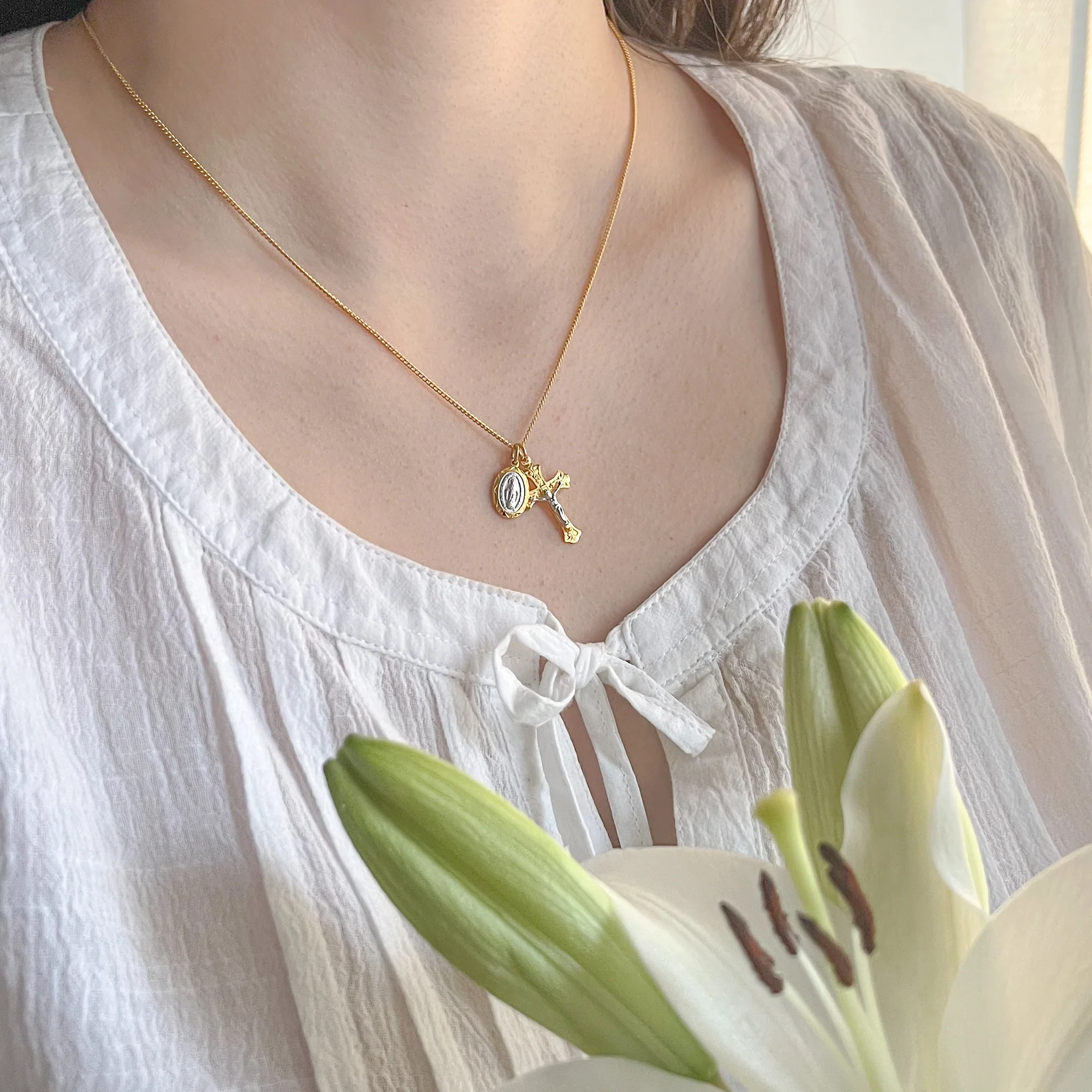Two-Tone Gold/Sterling Miraculous Medal & Crucifix Necklace - Image 3