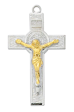Two Tone St. Benedict Crucifix Necklace 18" Chain