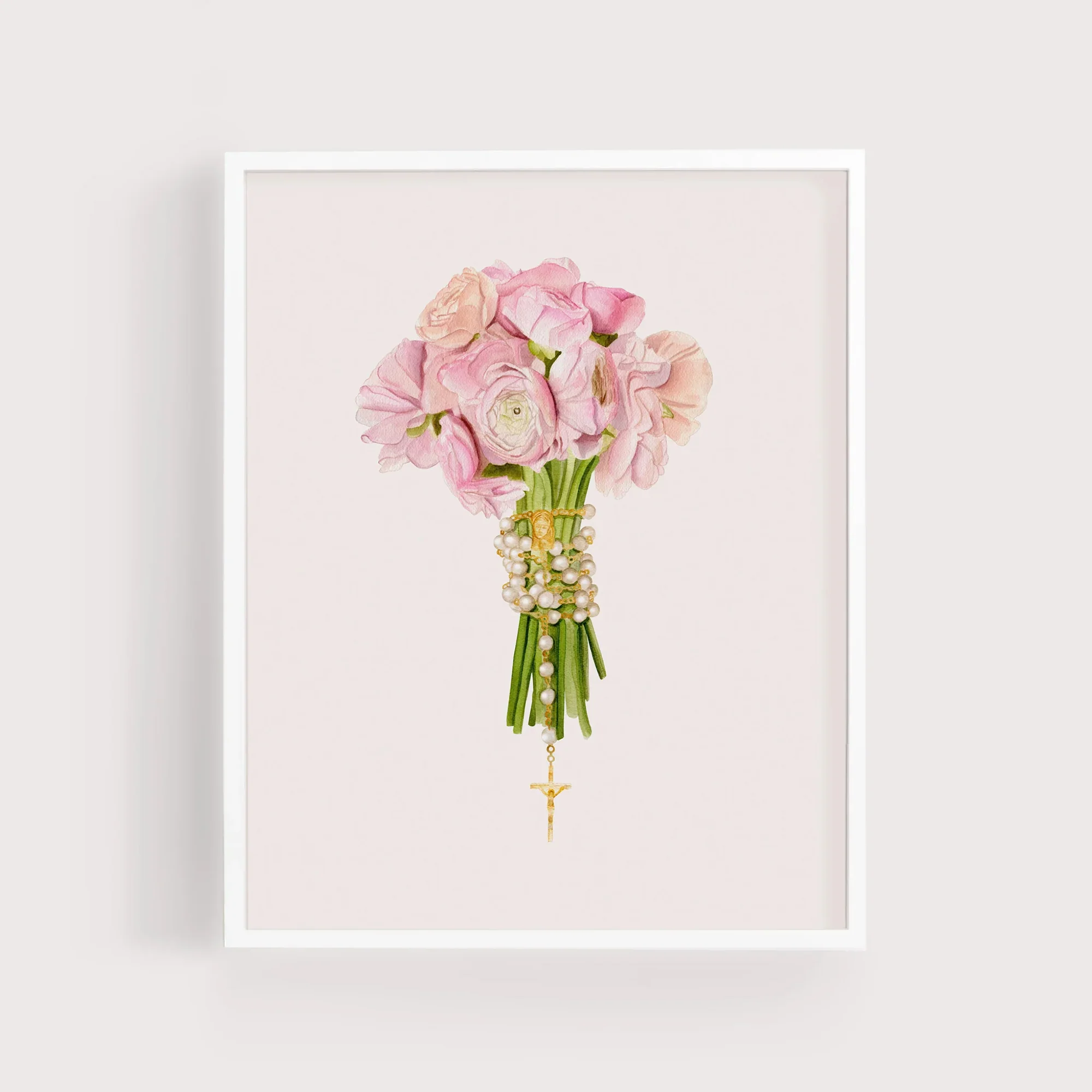 Unframed Rosary & Pink Ranunculus Flower Bouquet Print - 8" x 10"
