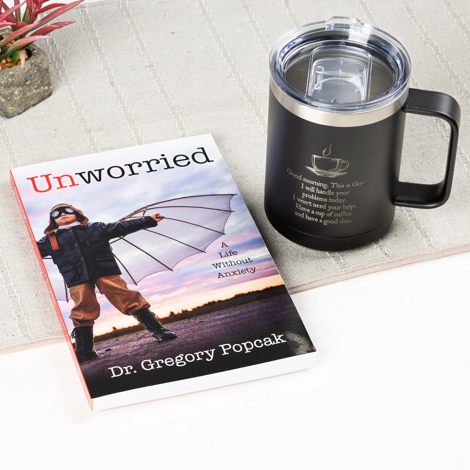 Unworried: A Life Without Anxiety & Good Morning From God Personalized Insulated Mug Gift Set