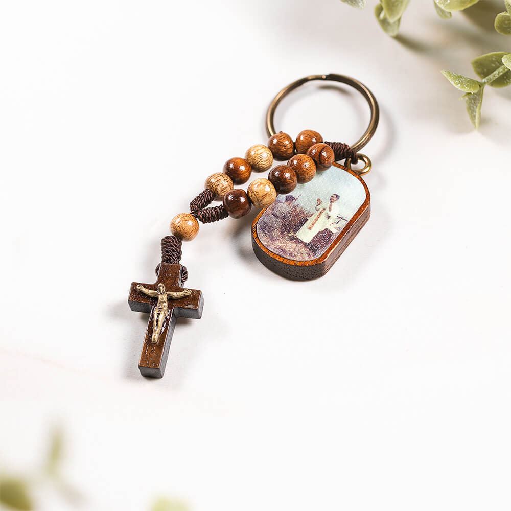 Ven. Emil Kapaun Wooden Dog Tag Rosary Keychain - Image 2
