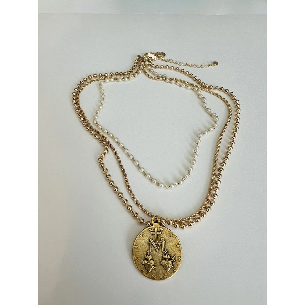 Vintage Marian Medallion Triple Chain Pearl Necklace - Image 2