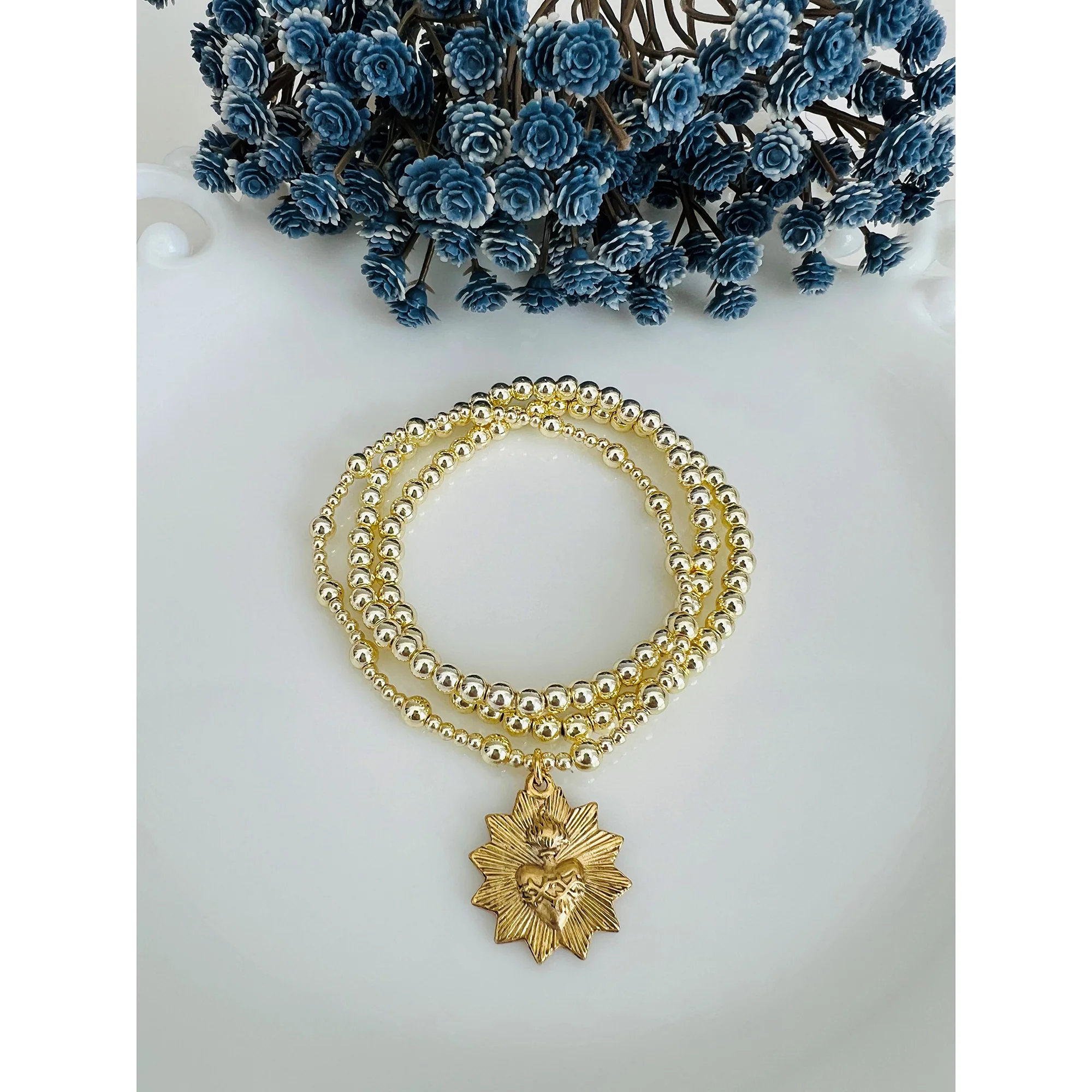 Vintage Sacred Heart Sunburst Gold Bracelet Set - 3 Pieces