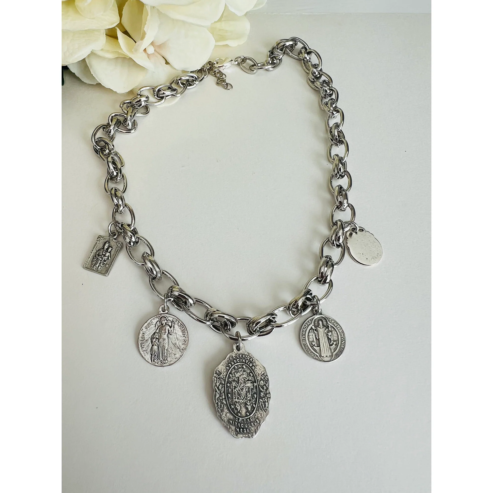 Vintage Silver Catholic Charm Necklace - Image 2