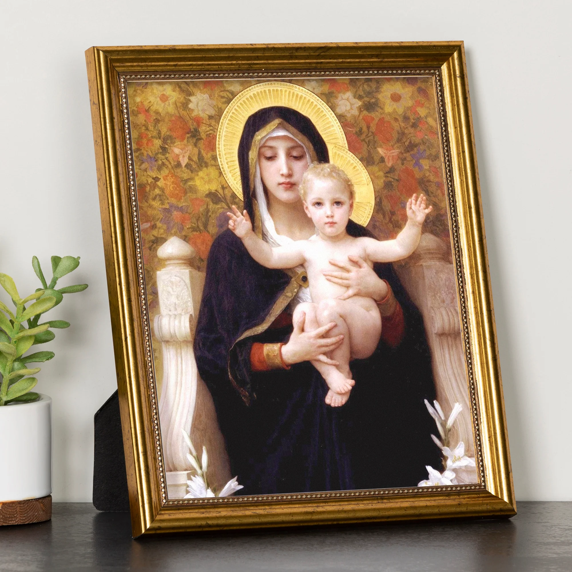 Virgin of the Lilies Antique Gold Framed Print - 8" x 10"