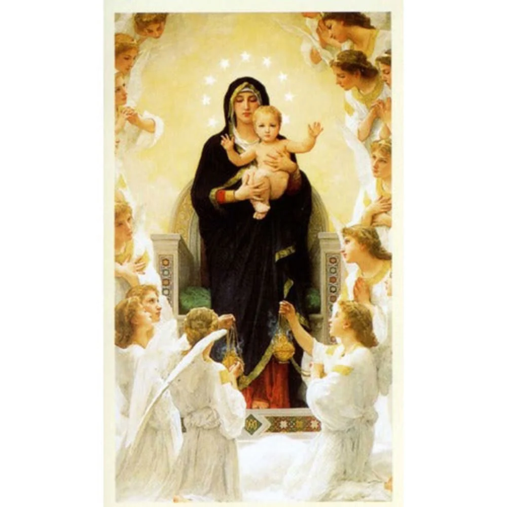 Laminated Virgin with Angels / Mary Queen of Angels Personalized Prayer Card (Priced Per Card)