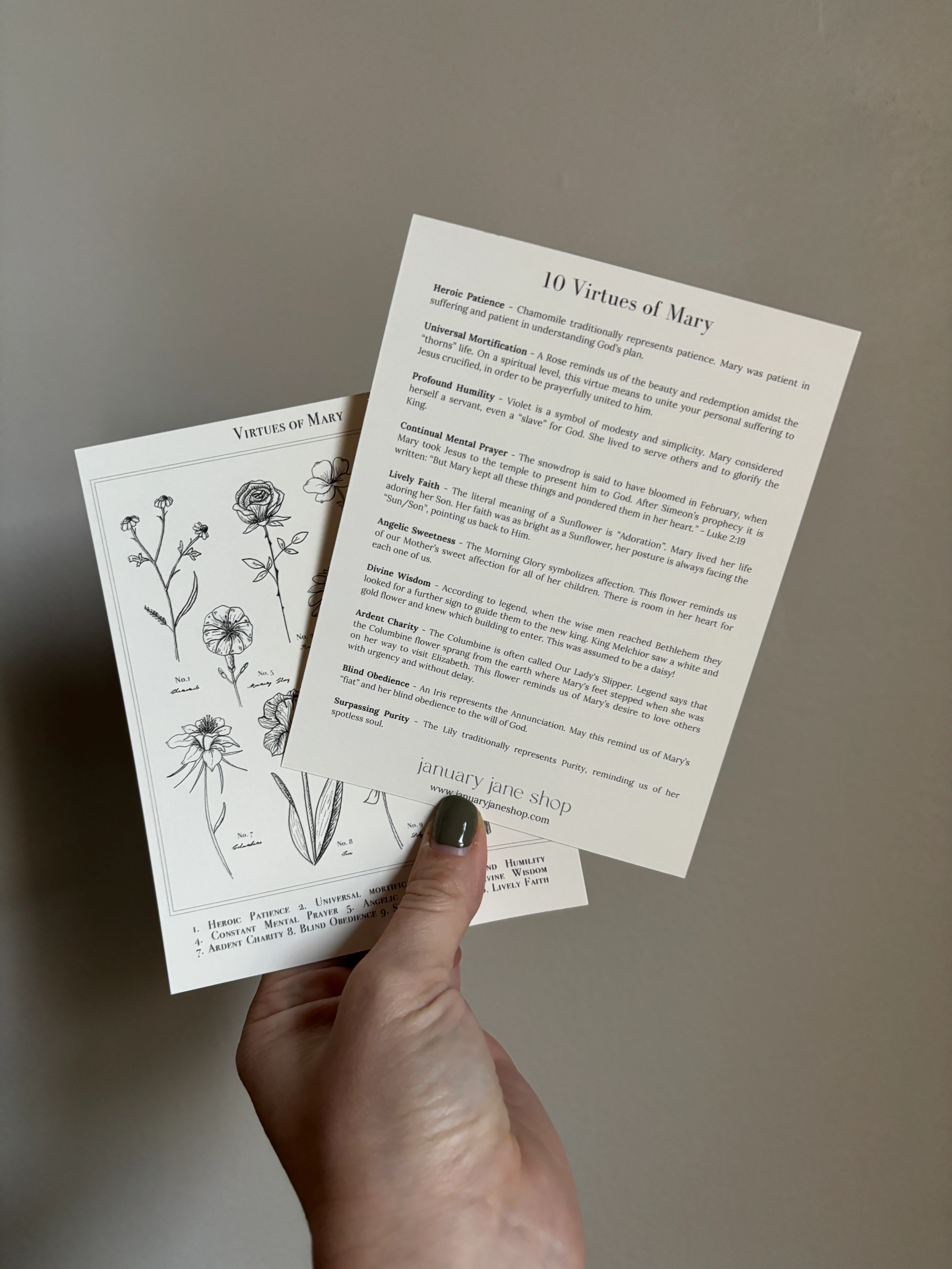 Virtues of Mary Floral Prayer Cards - Set of 10 - Image 3