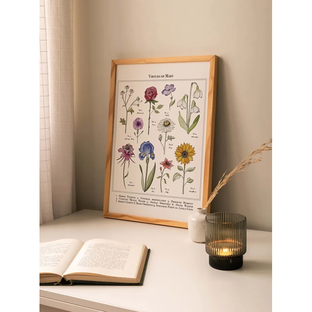 Virtues of Mary Vintage Floral Poster - 11" x 14"