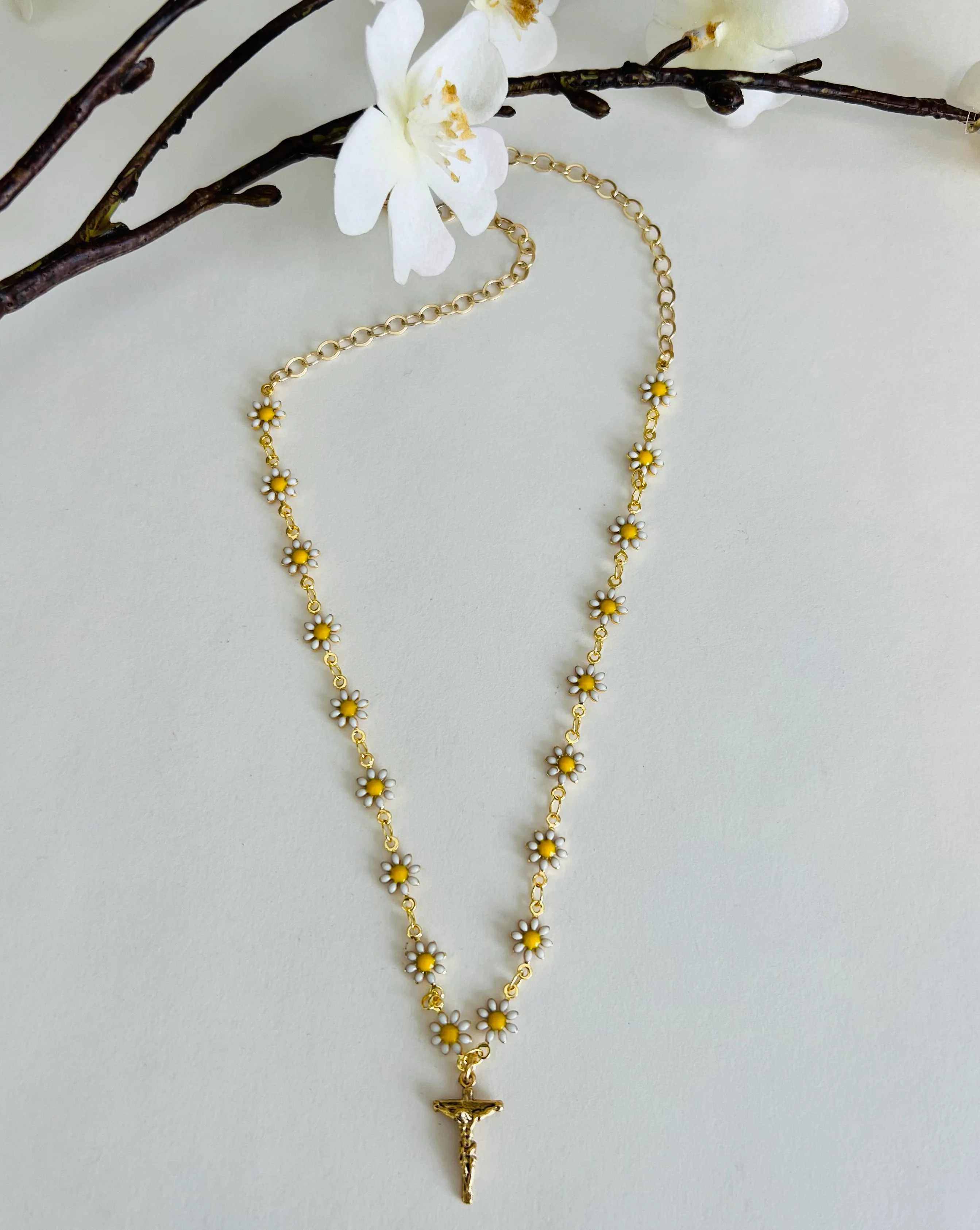 White Daisy Chain Crucifix Necklace
