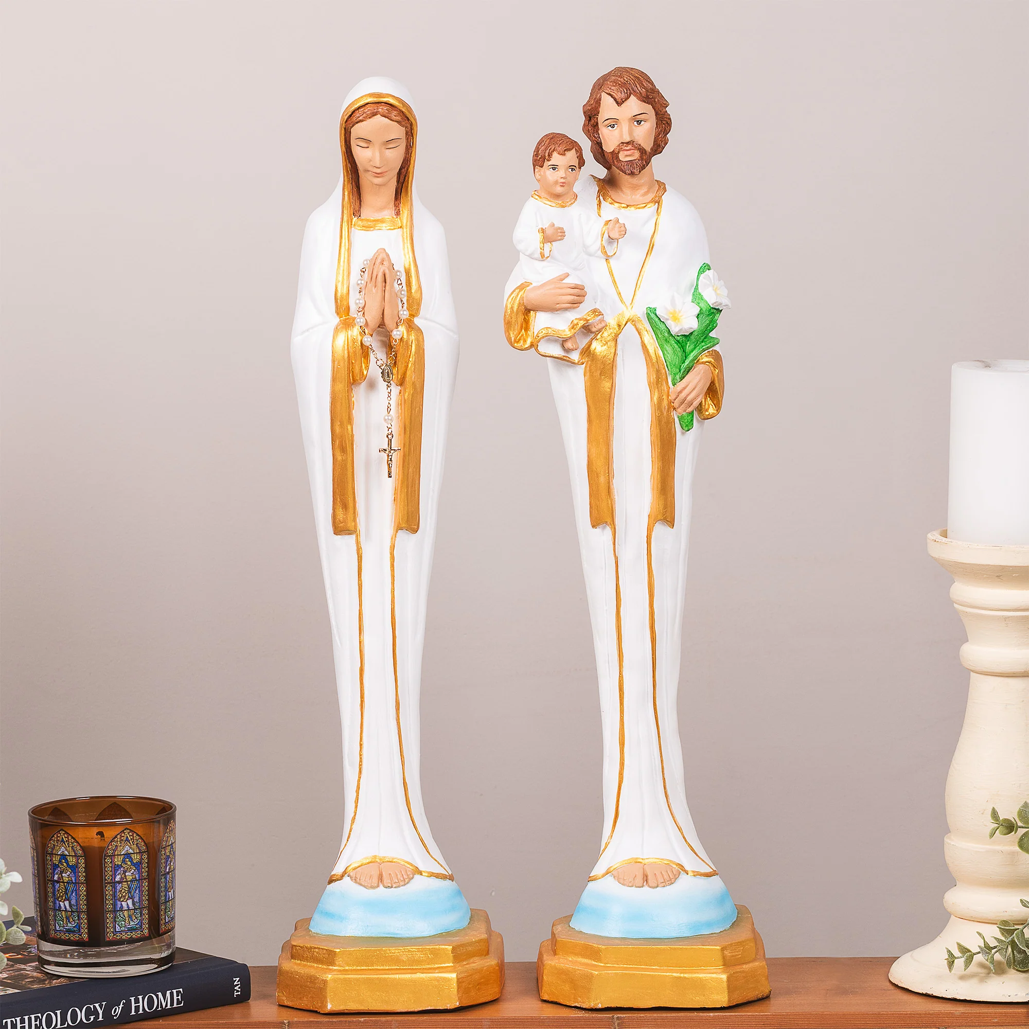 White & Gold Porcelain Holy Family Statue Set - White or Hand Painted - 21" - Image 2