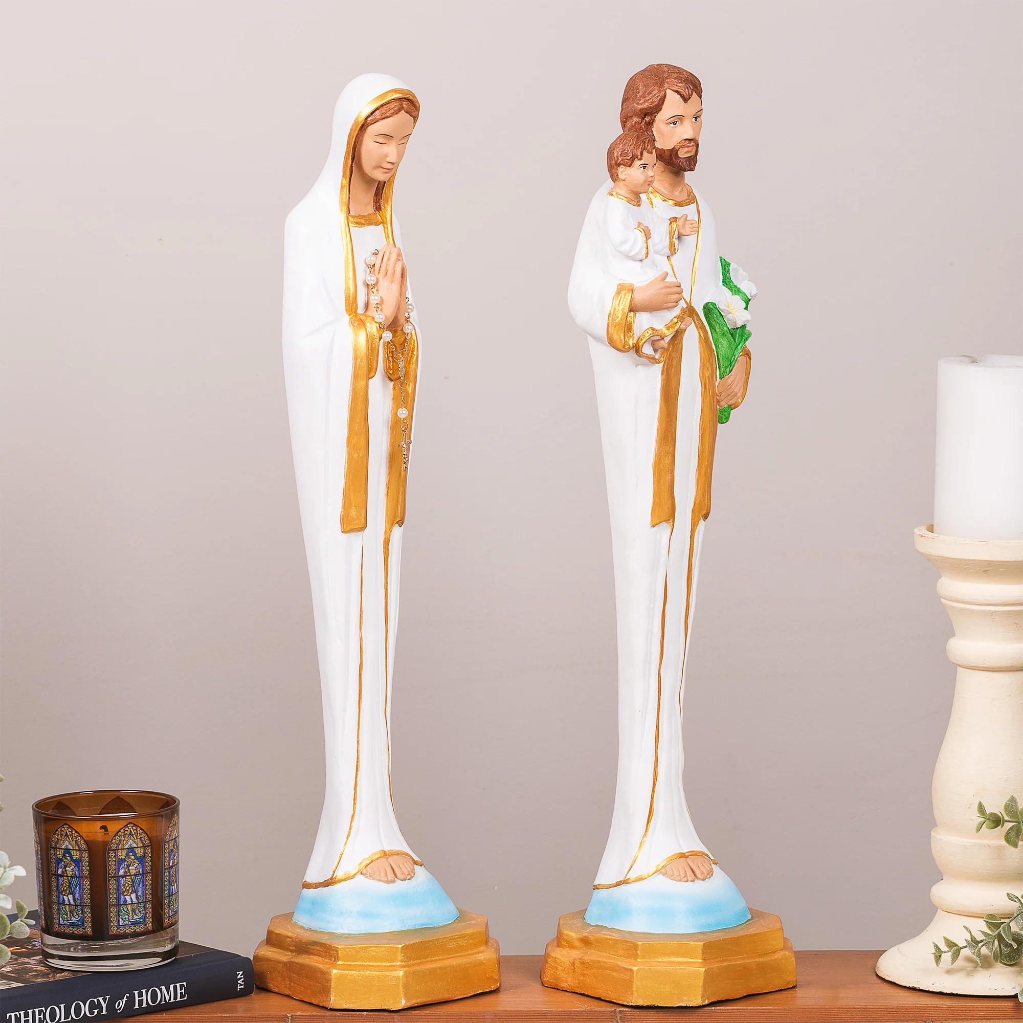 White & Gold Porcelain Holy Family Statue Set - White or Hand Painted - 21" - Image 3