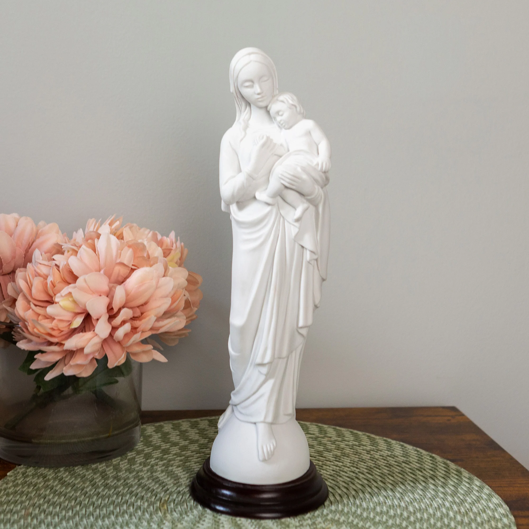 White Madonna & Child Statue on Wood Base - 12"