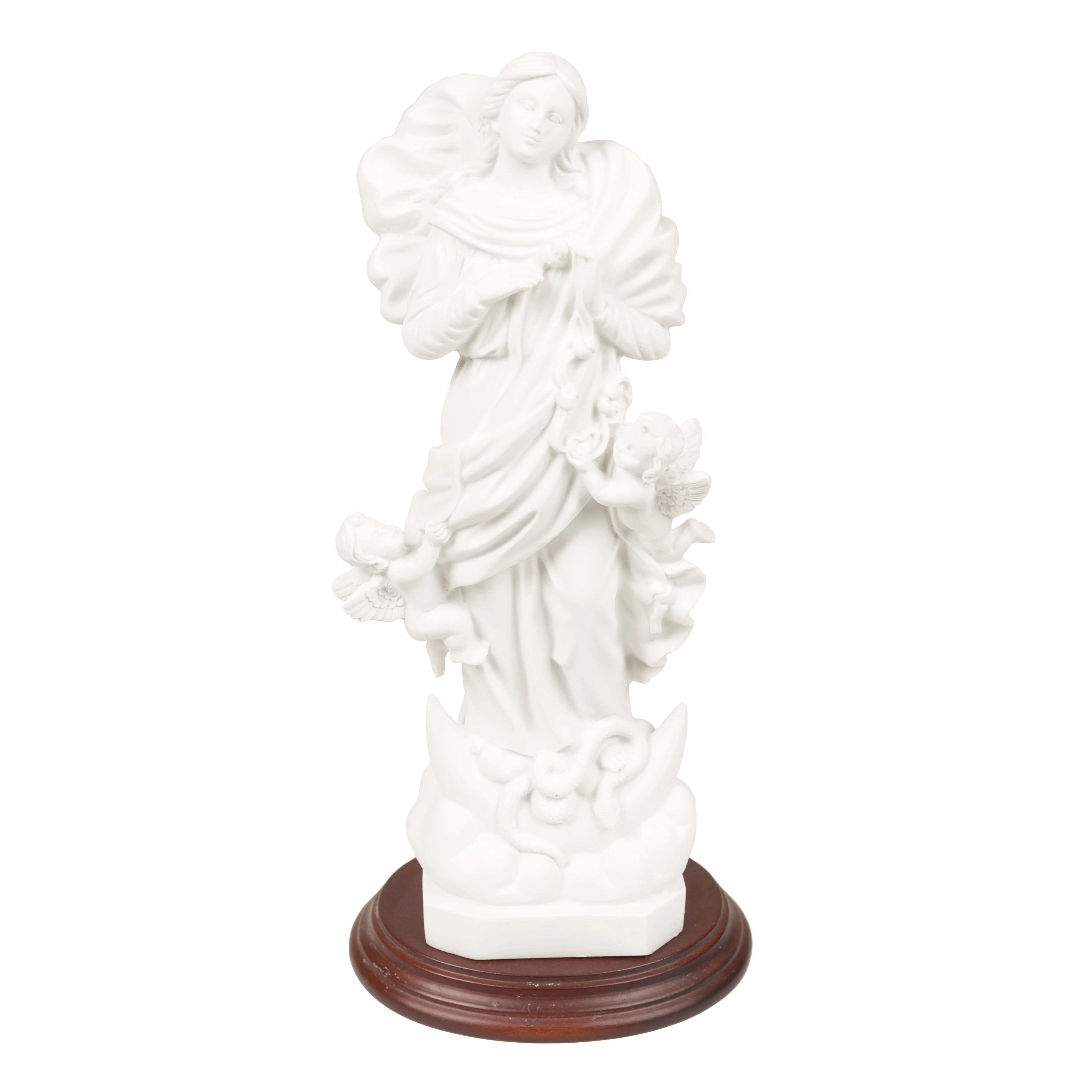 White Mary Undoer of Knots Statue on Wood Base - 13"