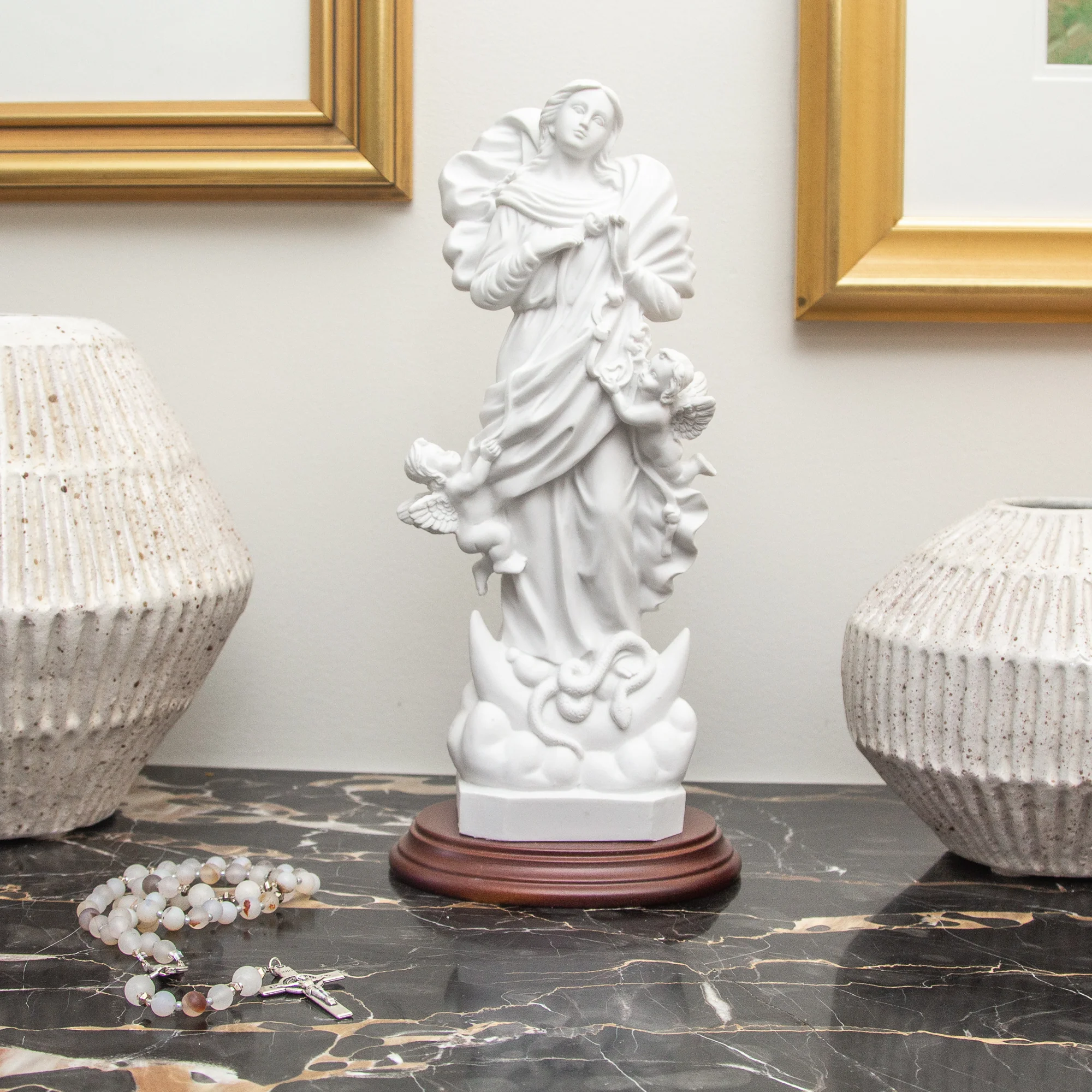 White Mary Undoer of Knots Statue on Wood Base - 13" - Image 2