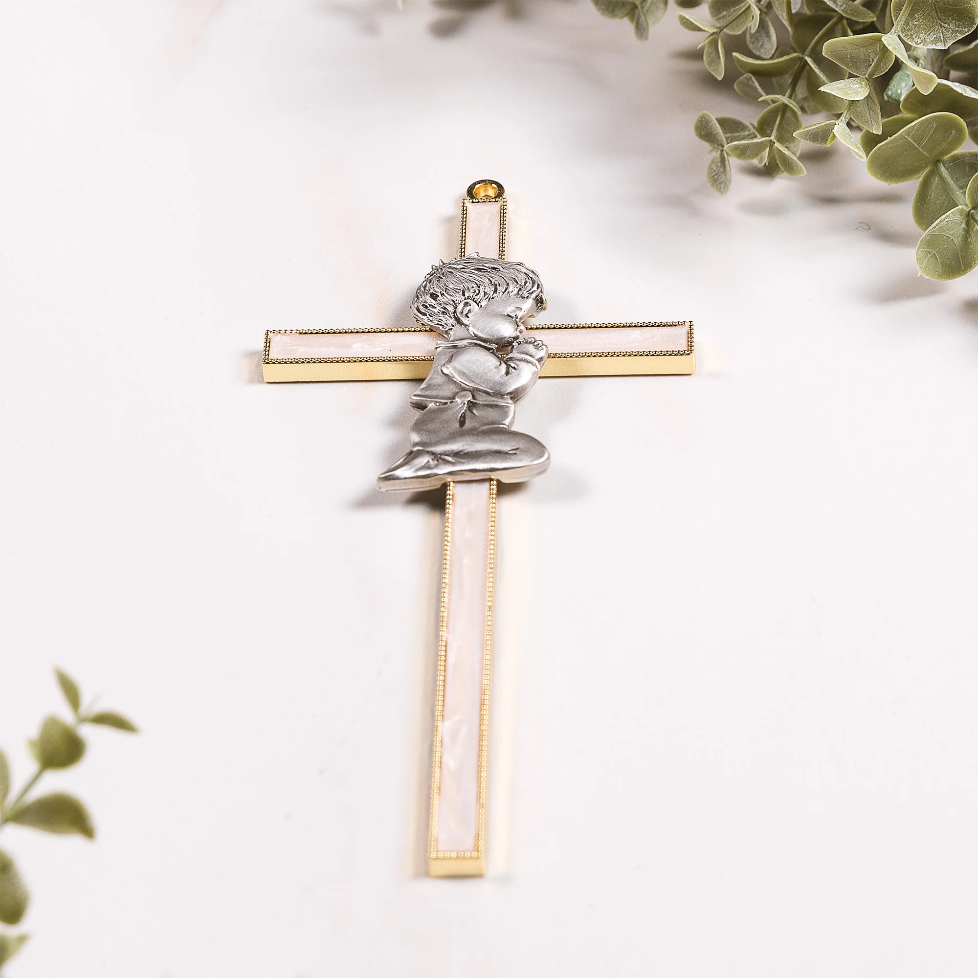 White Pearlized Praying Cross - Boy or Girl
