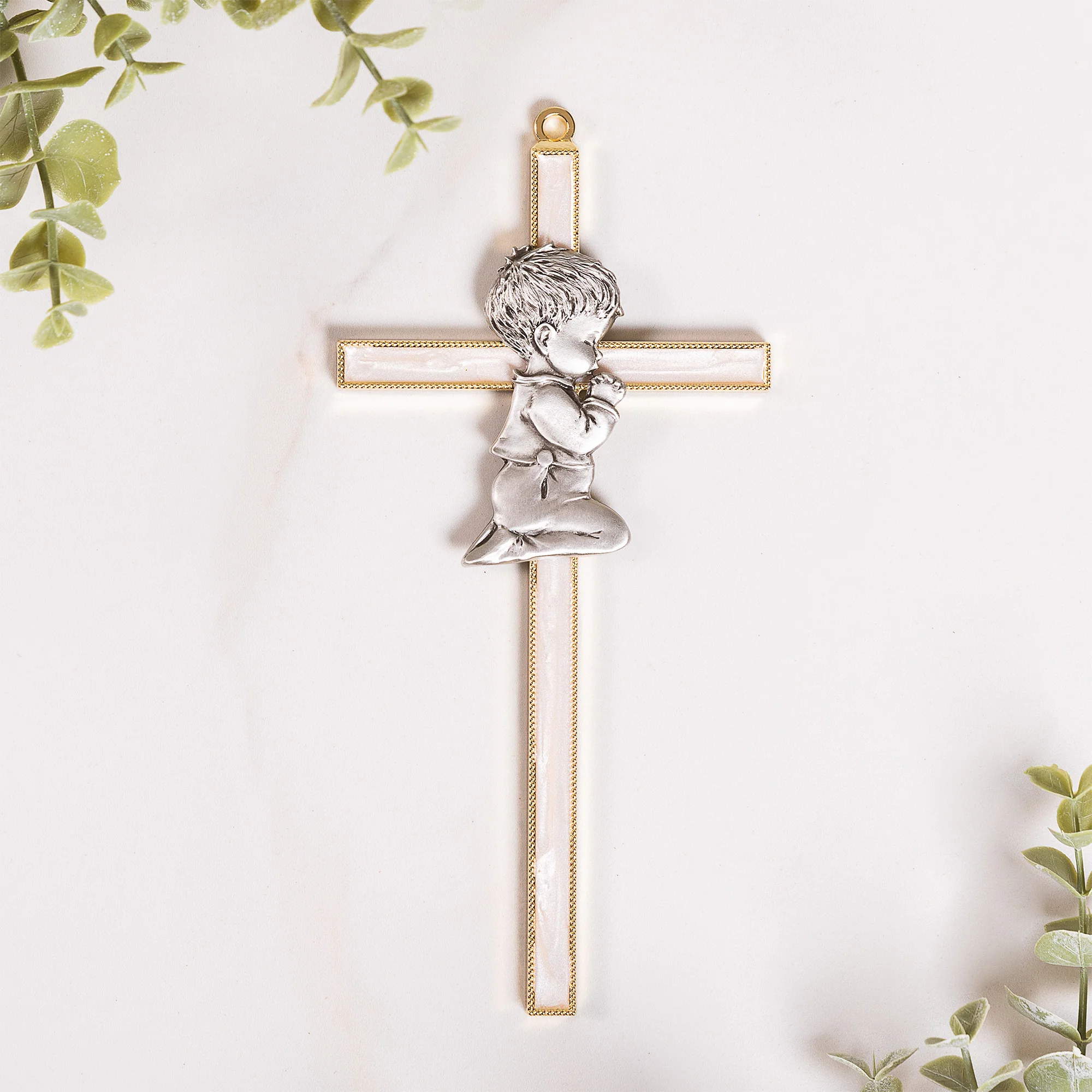 White Pearlized Praying Cross - Boy or Girl - Image 3