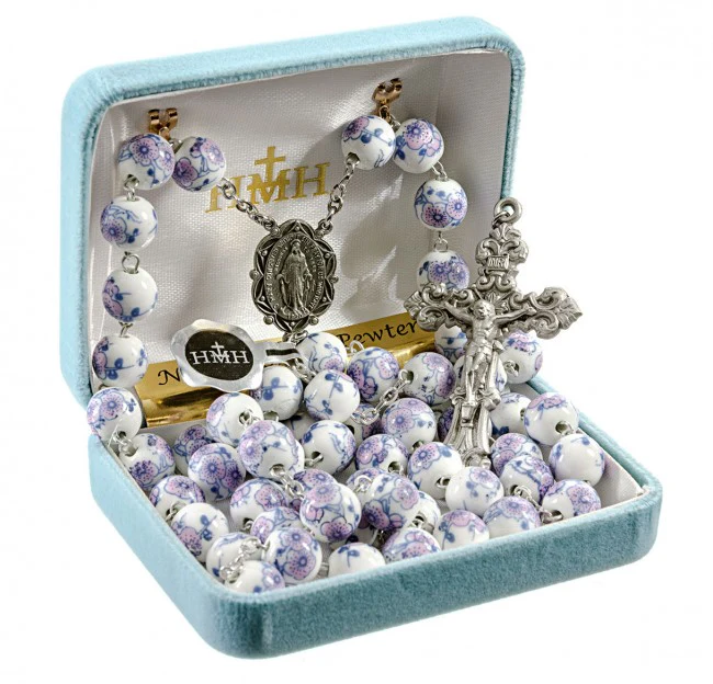 White & Violet Flower Bead New England Pewter Rosary - Image 2