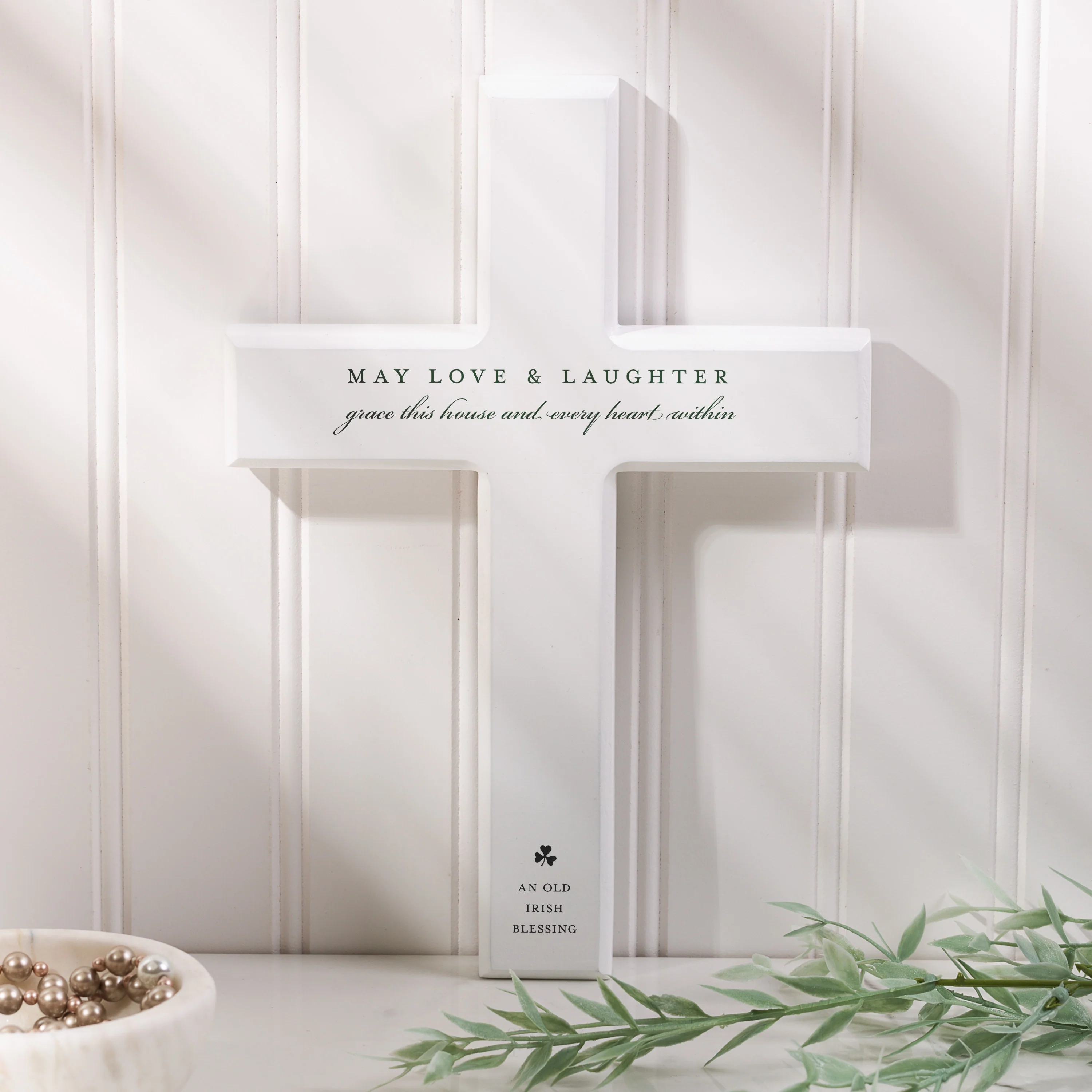 White Wood Irish Love & Laughter Wall Cross - 10"