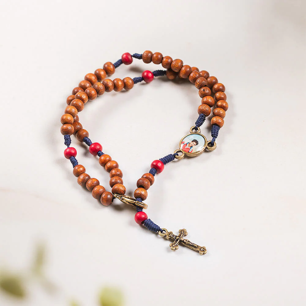 Wood & Blue Cord St. Carlo Acutis Five Decade Rosary Bracelet - Image 2