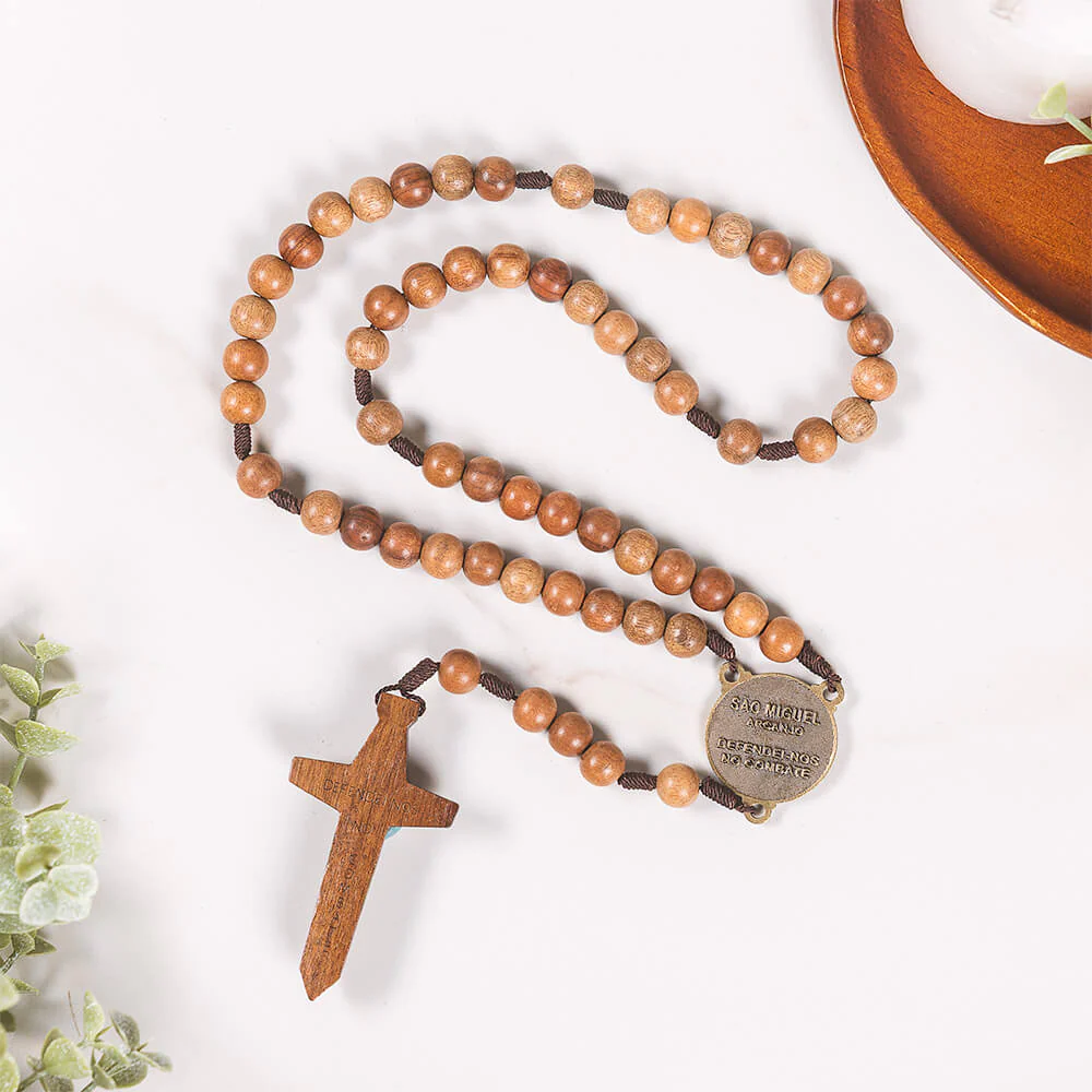 Wood & Brown Cord St. Michael Rosary with Sword Crucifix - Image 2