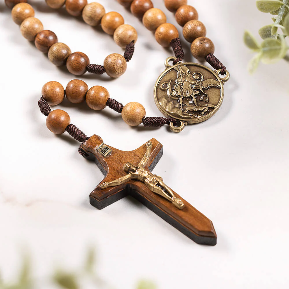 Wood & Brown Cord St. Michael Rosary with Sword Crucifix - Image 3