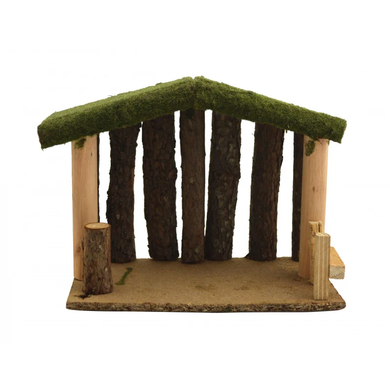 Wooden Nativity Stable with Slats & Moss Roof - 8"