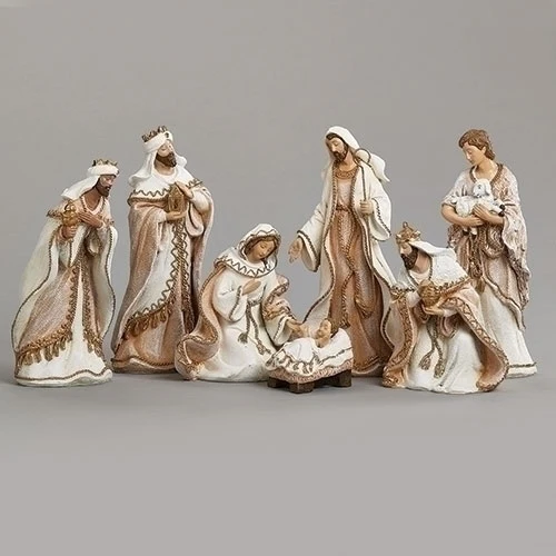 Woven Gold Trimmed Fabric Look Nativity - 7 Pieces