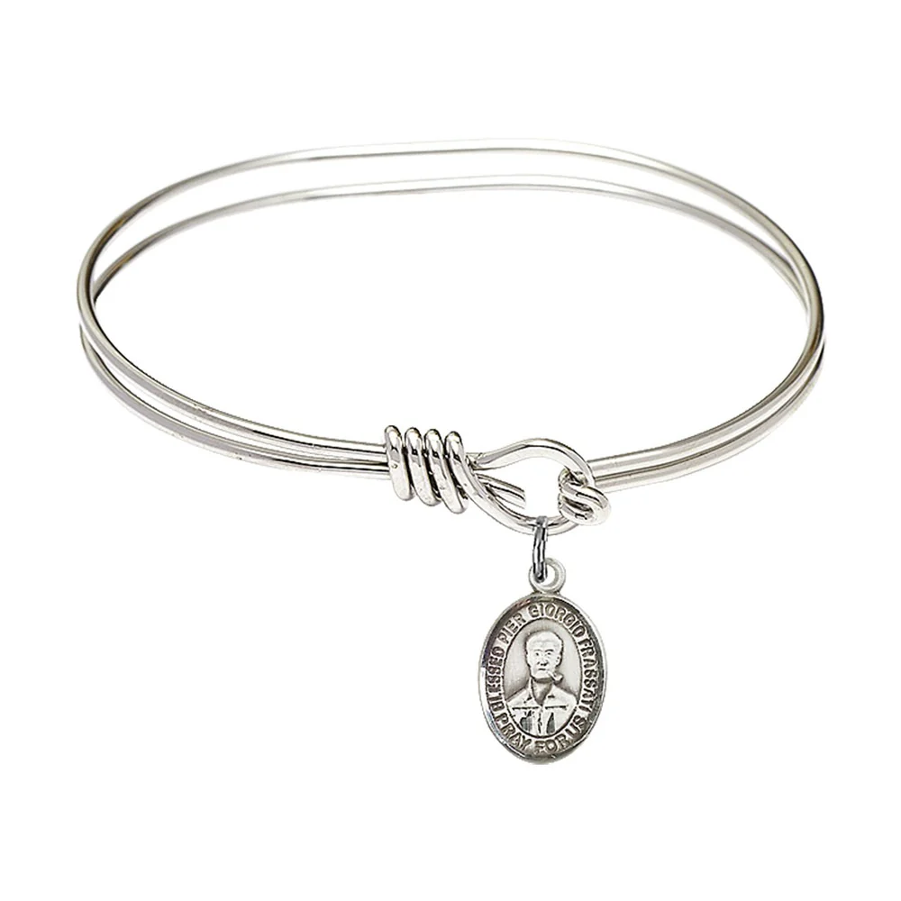 Youth 5 3/4" Rhodium Plated Bangle Bracelet with Blessed Pier Giorgio Frassati Medal Charm