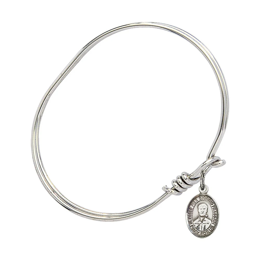 Youth 5 3/4" Rhodium Plated Bangle Bracelet with Blessed Pier Giorgio Frassati Medal Charm - Image 2