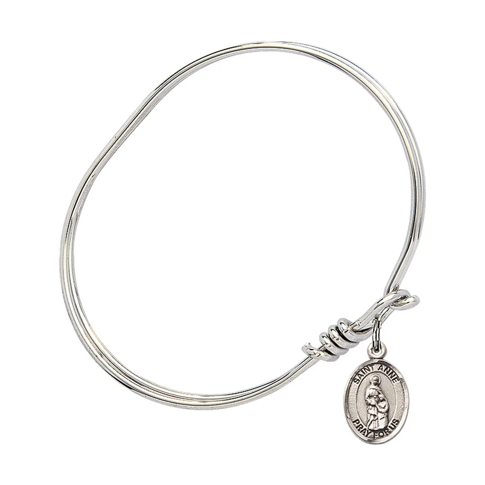 Youth 5 3/4" Rhodium Plated Bangle Bracelet with St. Anne Medal Charm - Image 2