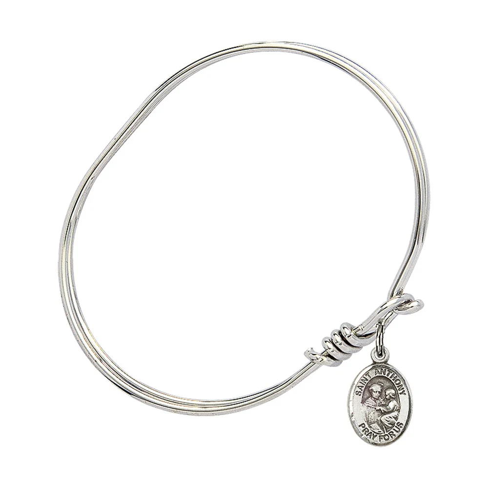 Youth 5 3/4" Rhodium Plated Bangle Bracelet with St. Anthony of Padua Medal Charm - Image 2