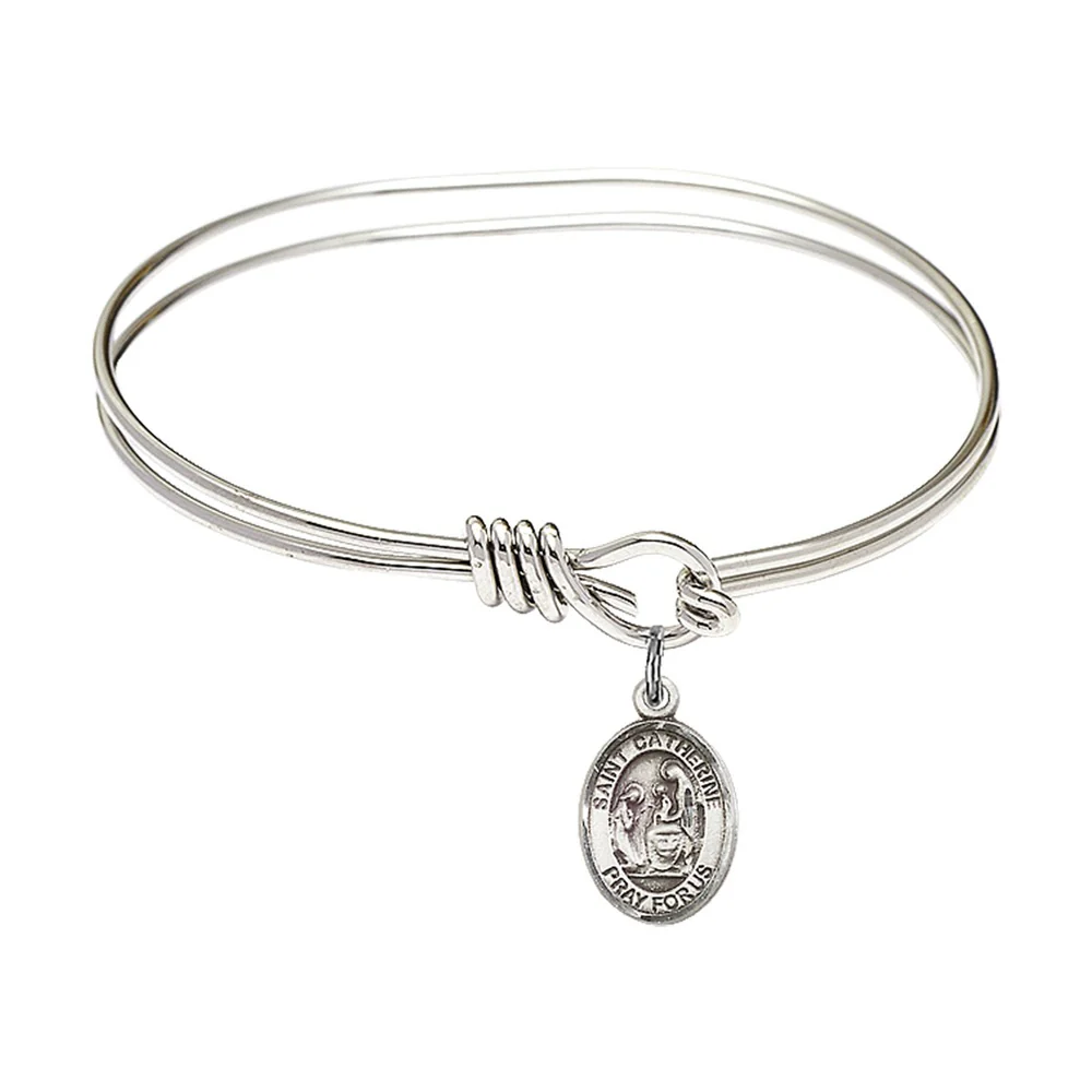 Youth 5 3/4" Rhodium Plated Bangle Bracelet with St. Catherine of Siena Medal Charm