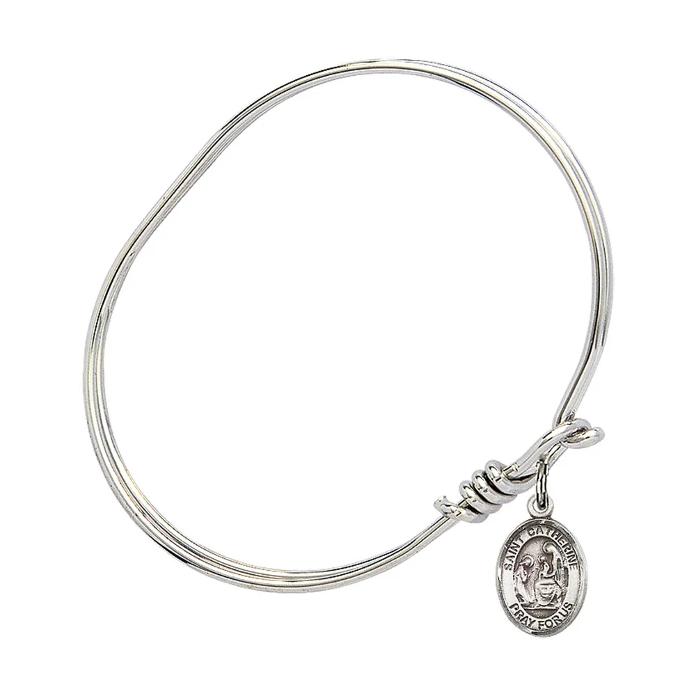 Youth 5 3/4" Rhodium Plated Bangle Bracelet with St. Catherine of Siena Medal Charm - Image 2