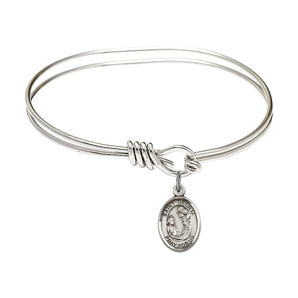 Youth 5 3/4" Rhodium Plated Bangle Bracelet with St. Cecilia Medal Charm