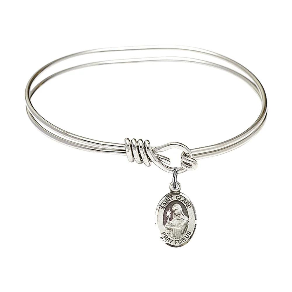 Youth 5 3/4" Rhodium Plated Bangle Bracelet with St. Clare of Assisi Medal Charm