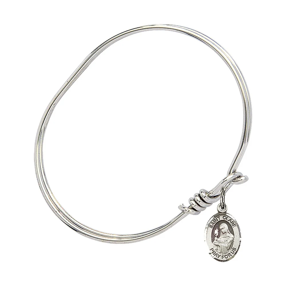 Youth 5 3/4" Rhodium Plated Bangle Bracelet with St. Clare of Assisi Medal Charm - Image 3
