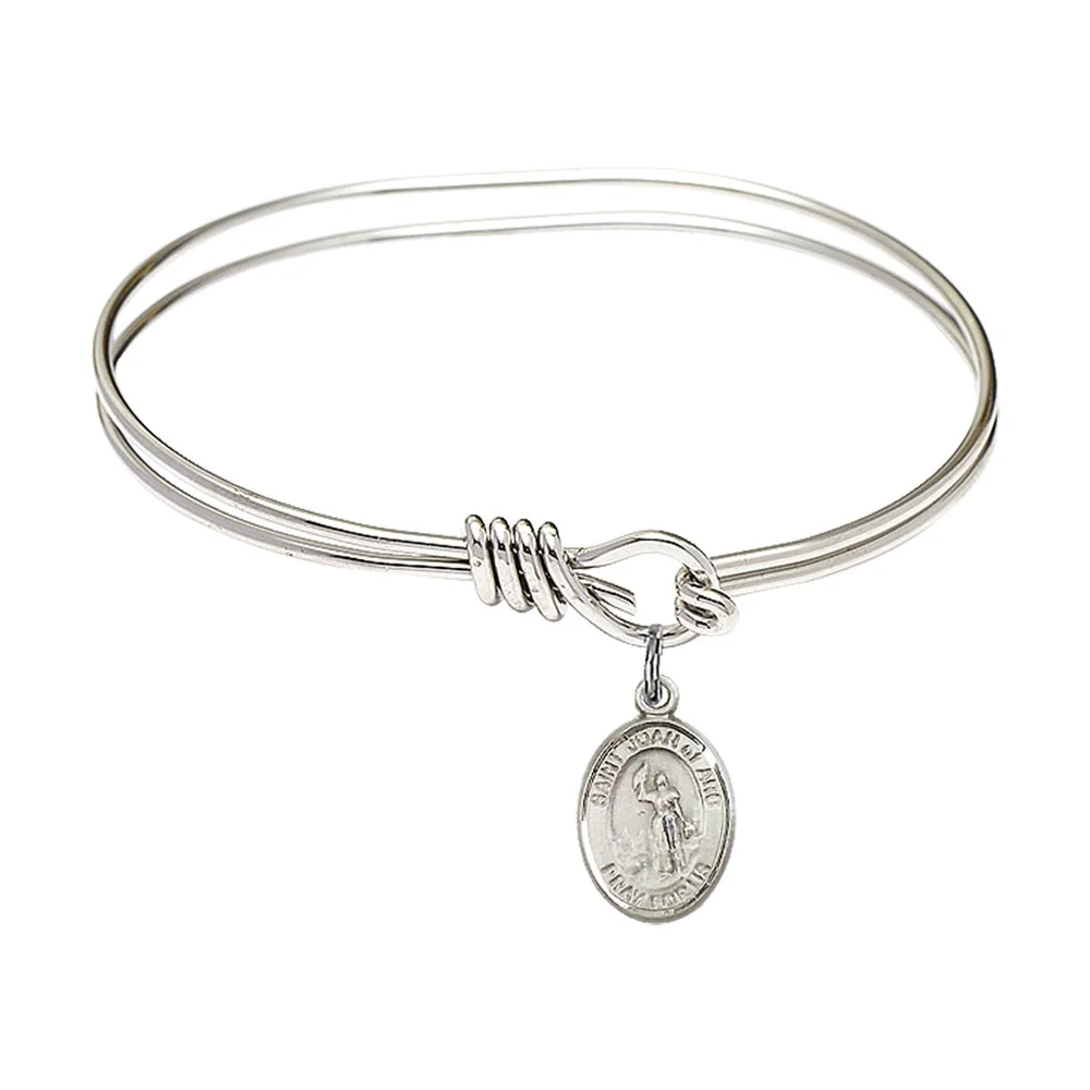 Youth 5 3/4" Rhodium Plated Bangle Bracelet with St. Joan of Arc Medal Charm