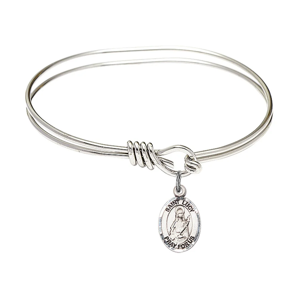 Youth 5 3/4" Rhodium Plated Bangle Bracelet with St. Lucy Medal Charm