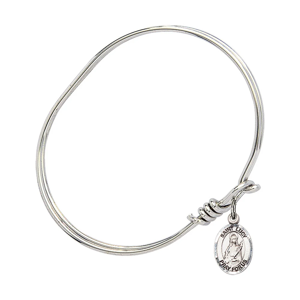 Youth 5 3/4" Rhodium Plated Bangle Bracelet with St. Lucy Medal Charm - Image 2