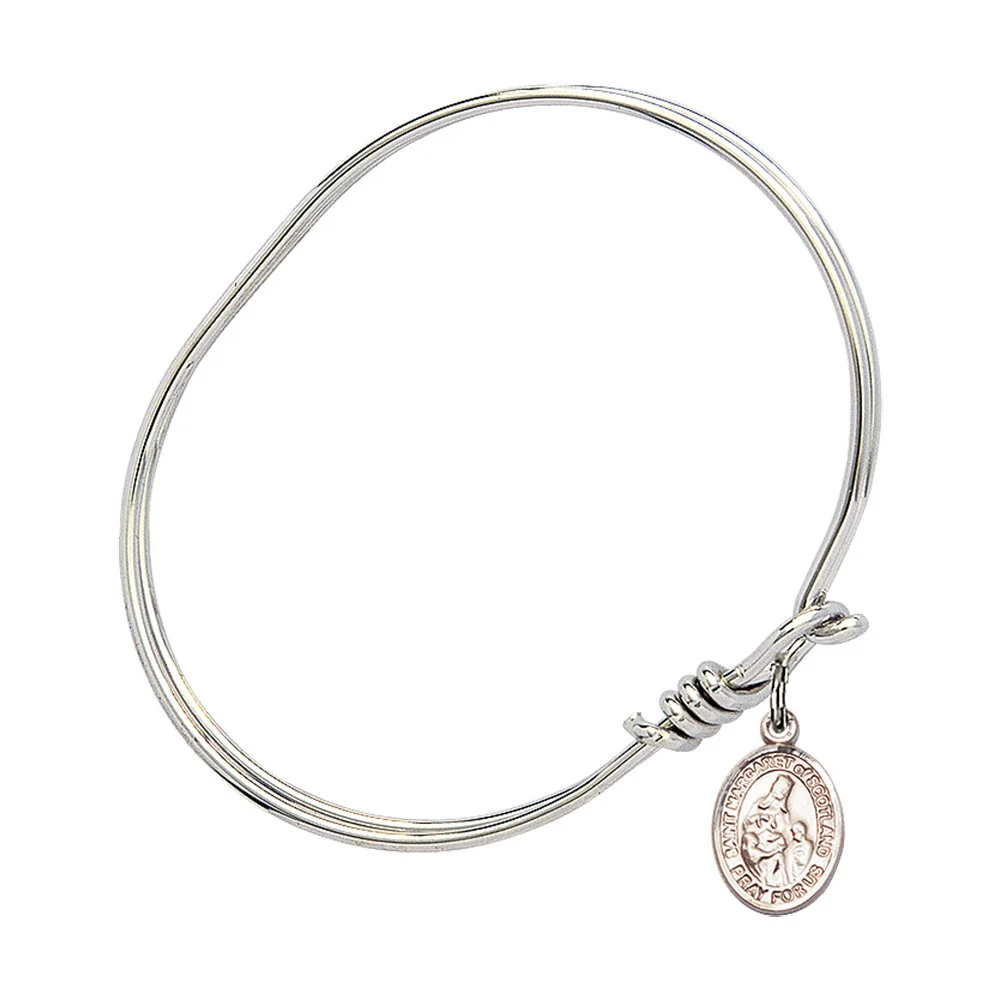 Youth 5 3/4" Rhodium Plated Bangle Bracelet with St. Margaret of Scotland Medal Charm - Image 3