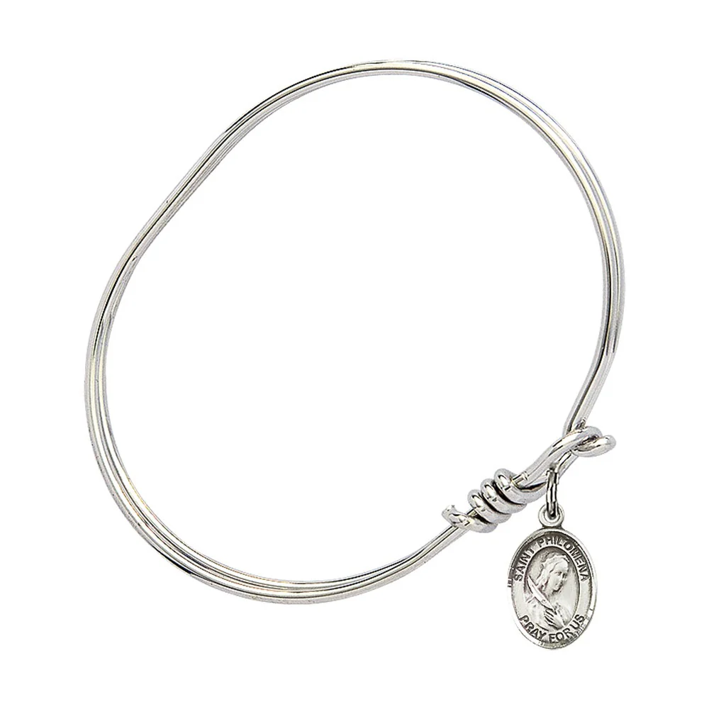 Youth 5 3/4" Rhodium Plated Bangle Bracelet with St. Philomena Medal Charm - Image 2
