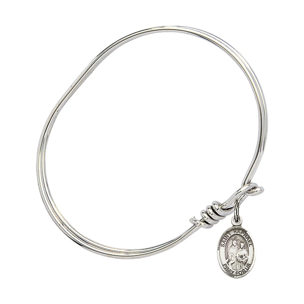 Youth 5 3/4" Rhodium Plated Bangle Bracelet with St. Raphael the Archangel Medal Charm - Image 3