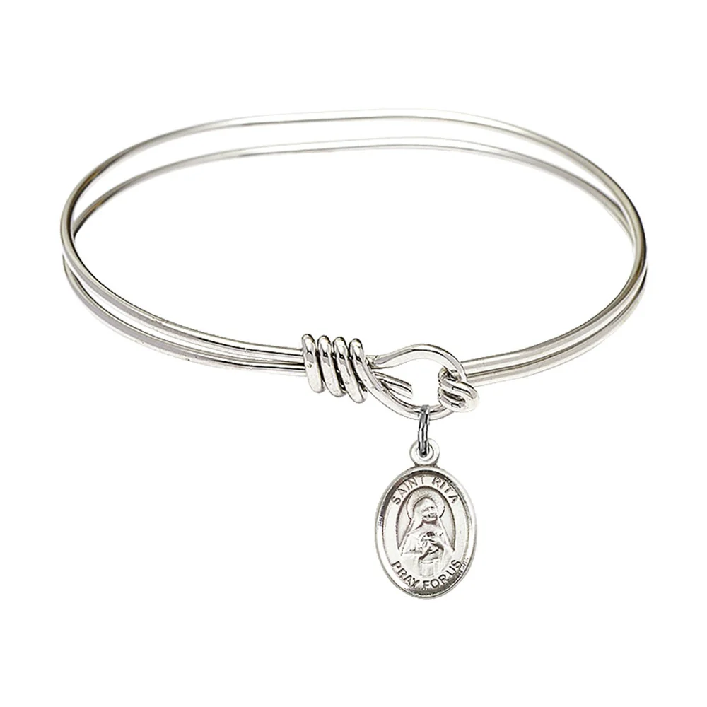 Youth 5 3/4" Rhodium Plated Bangle Bracelet with St. Rita of Cascia Medal Charm