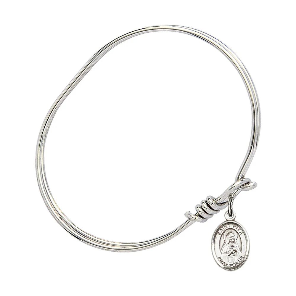 Youth 5 3/4" Rhodium Plated Bangle Bracelet with St. Rita of Cascia Medal Charm - Image 2