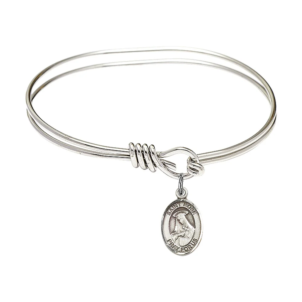 Youth 5 3/4" Rhodium Plated Bangle Bracelet with St. Rose of Lima Medal Charm