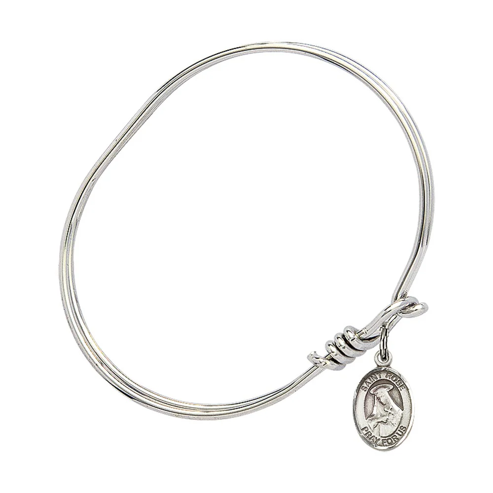 Youth 5 3/4" Rhodium Plated Bangle Bracelet with St. Rose of Lima Medal Charm - Image 2
