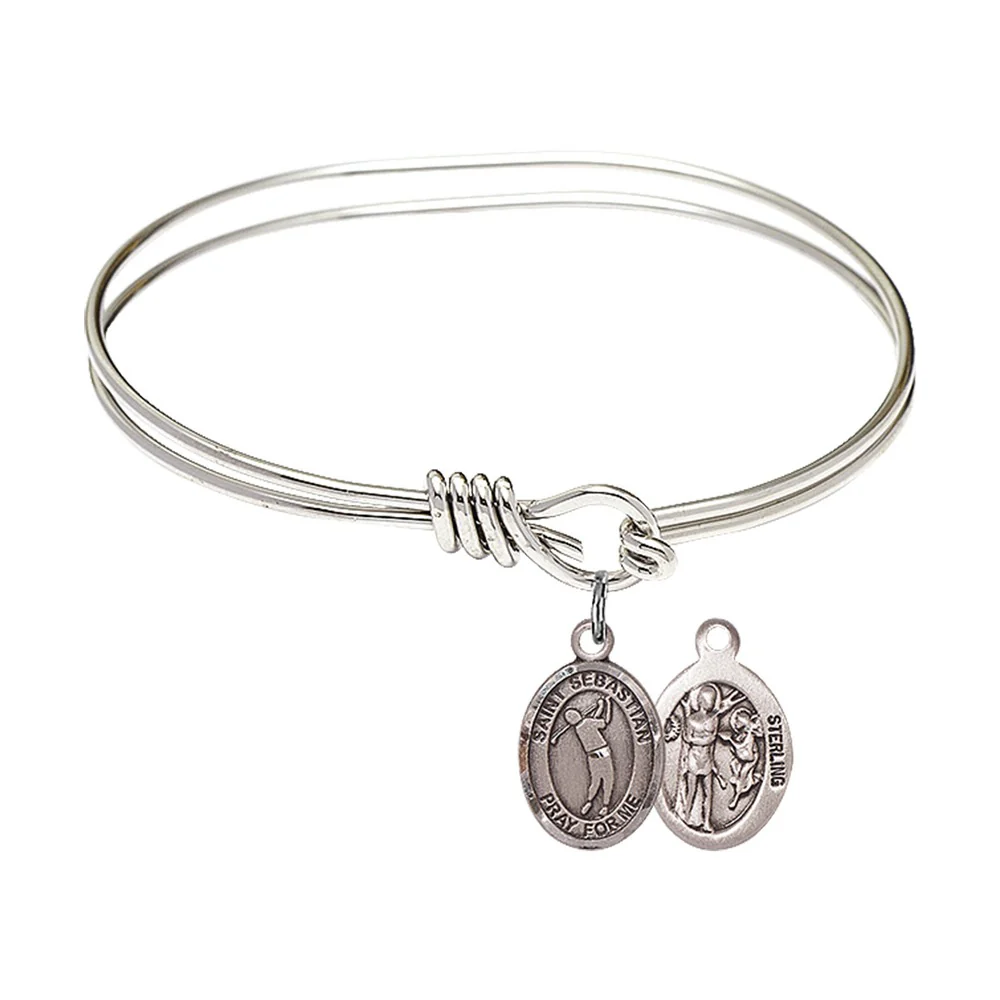 Youth 5 3/4" Rhodium Plated Bangle Bracelet with St. Sebastian/Golf Medal Charm